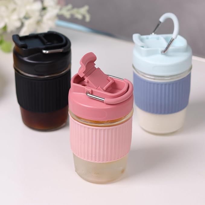 Sivaphe Reusable Glass Ice Hot Coffee Cup 12 oz, Portable Travel Mug with Spill-Proof Lid and Thermal Sleeve for Home Office Black