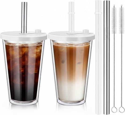 Honeydak 2 Pack 16 oz Reusable Iced Coffee Cups with Lids and Straws Leakproof Double Wall Insulated Clear Plastic Iced Coffee Tumblers with Straw Brushes