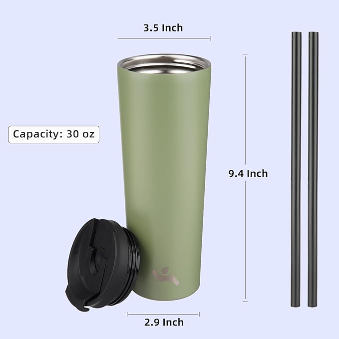 Konokyo 30 OZ Insulated Tumbler with Lid and 2 Straws Stainless Steel Water Bottle Vacuum Travel Mug Coffee Cup,ArmyGreen