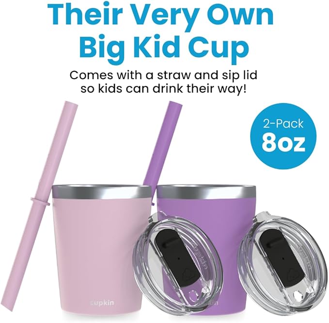 CUPKIN Kids & Toddler Cups, The Original 8 oz Stackable Stainless Steel Sippy Cup for Toddlers 3+ Years Old, Set of 2 Insulated Water Cups for Kids & BPA Free Lids + Silicone Straws (Pink + Purple)