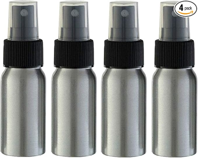 Furnido 1 oz Aluminium Essential Oil Spray Bottle Refillable Perfume Fine Mist Atomiser Empty Beauty Metal Spray Bottles Cosmetic Packaging Container Travel subpackage Bottles 4-Pack (Black Caps)
