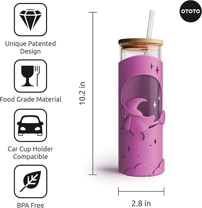 OTOTO Wicked Brew Glass Cups with Lids and Straws - Halloween, Goth Gifts, Spooky Gifts, Goth Accessories, Kitchen Gadgets, Iced Coffee Cups Tumbler with Bamboo Lids, Boba Cup, 16.9oz