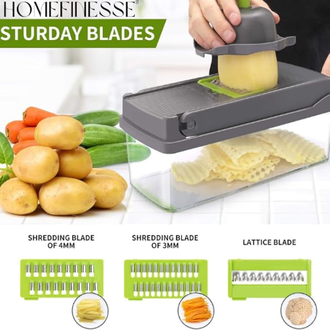 Vegetable Chopper, 16-in-1 Multifunctional Food Chopper, 8 Blades Vegetable Slicer, Onion Chopper Vegetable Cutter & Adjustable Veggie Slicer, Potato Dicer Chopper, Container for Salad Garlic | Grey