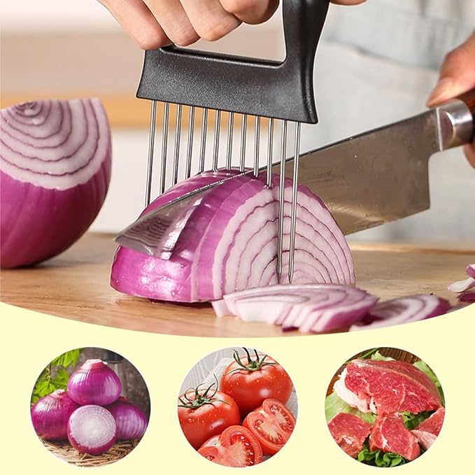 Onion Holder for Slicing, 2025 New Stainless Steel Onion Slice Holder Lemon Slicer Vegetable Cutter, Kitchen Chopper Slicing Assistant Tool for Meat, Onion, Potato, Tomato (A-3PCS)