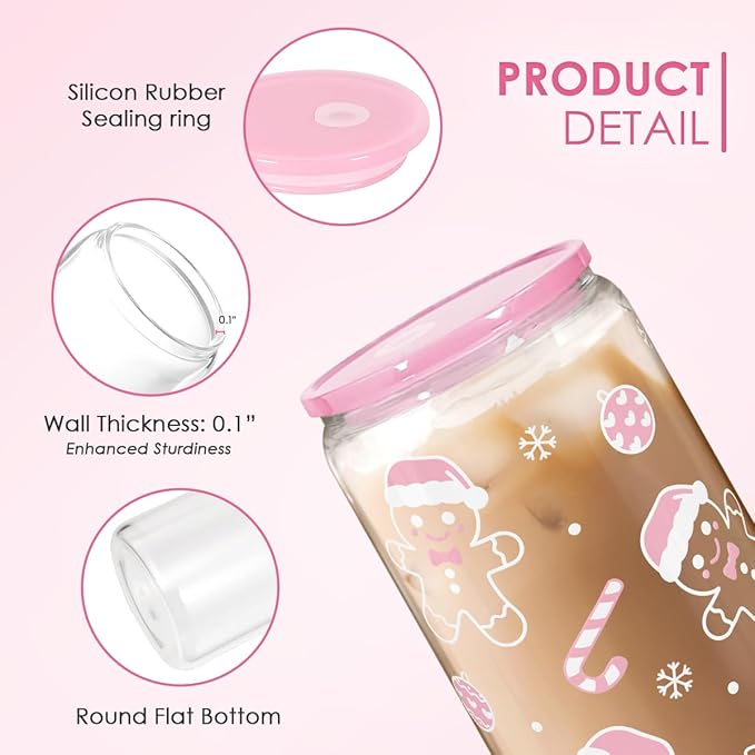 SANDJEST Christmas Gingerbread 16oz Can Glass Tumbler with Acrylic Lid & Straw, Iced Coffee Cup for Women Girls, Aesthetic Cups Gifts for Xmas