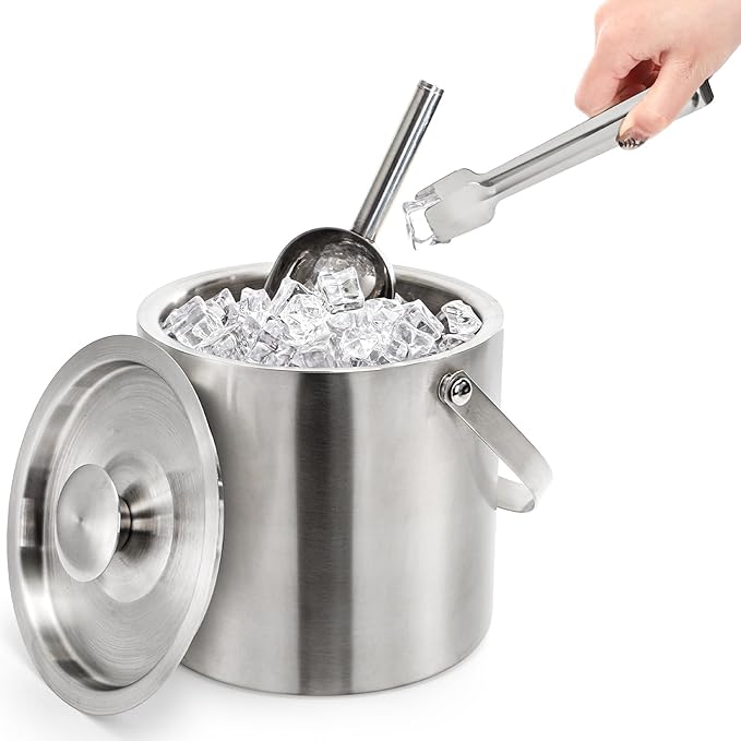 Tebery Stainless Steel Insulated Ice Bucket with Lid and Tong Double Walled Silver Barware Serveware for Parties Events Gatherings - 6.7H x 7.5W Inches