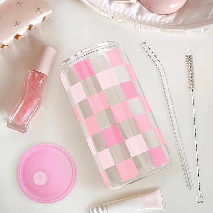 SANDJEST Checker 16 Oz Can Glass Tumbler with Acrylic Lid and Straw - Iced Coffee Cups for Women, Aesthetic Glass Cup Gift for Birthday Christmas