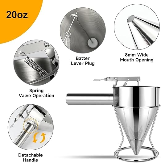 20 OZ Multi-Functional Pancake Batter Dispenser, Multi-Caliber Stainless Steel Funnel Cake Dispenser with Stand Great for Pancakes,Cupcakes,Chocolate Balls and Baked Goods (600ml)