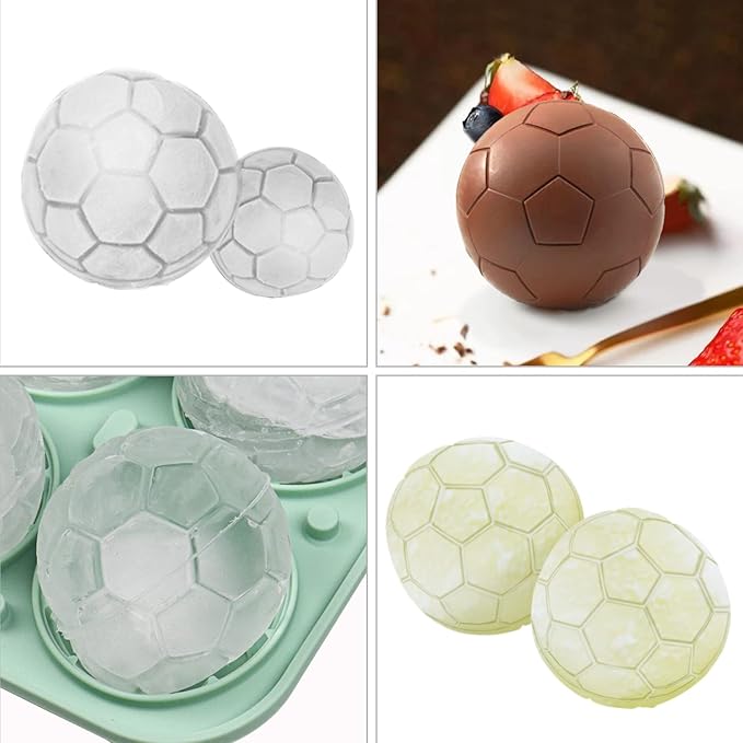 Soccer Ice Cube Mold, Football Shapes Ice Cube Tray, Silicone Sphere Ice Mold Chocolate Mold with Clear Funnel-type Lid, Make 4 Large Ice Balls for Chilling Whiskey Cocktails Drinks, Green
