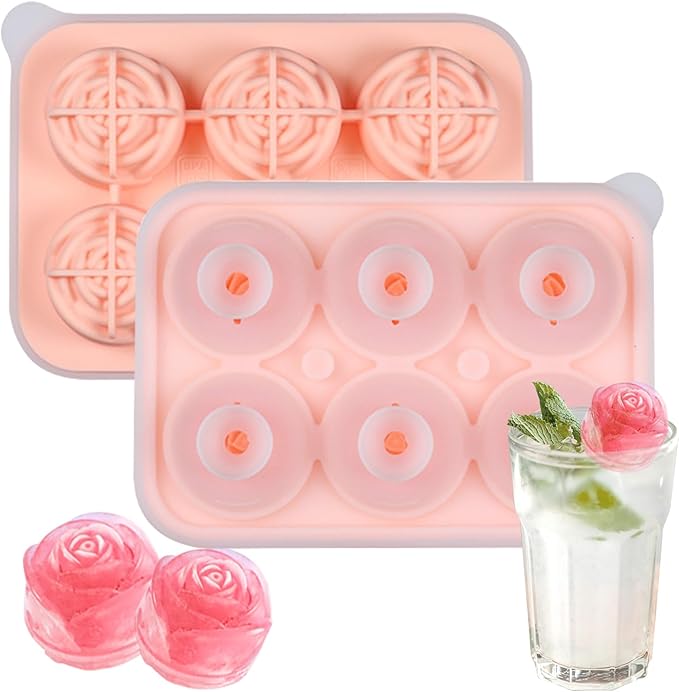 2 Pack 3D Rose Ice Cube Mold, Ice Cube Trays for Freezer with Lid, 6 Grid Silicone Easy Release Ice Trays, Rose Cute Ice Mold for Valentine's Day Gif, Date Drinks, Coffee, Whiskey, Cocktail (Pink)