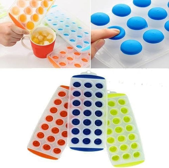 Ice Cube Tray with Flexible Silicone Bottom, 21 Round Cavities, Push Pop Design, Easy Release, 11.25x4.5x1.5 Inches, 1-Tray Per Pack in Random Color