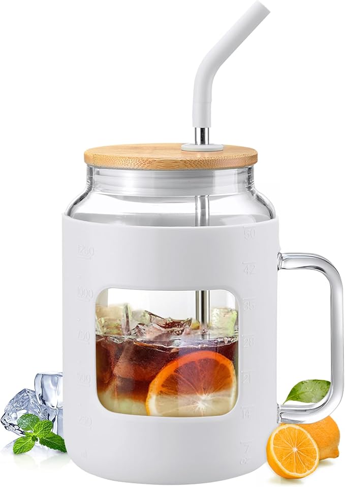 WINSA 50 oz Glass Water Bottles with Silicone Sleeve,Glass Tumbler with Lid and Straw,Iced Coffee Cup with Handle,BPA Free-White