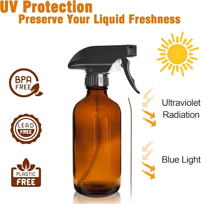 LANBEAUTIFY 8oz Amber Glass Spray Bottles - 2 Pack Empty Refillable Bottles for Cleaning, Hair Care, Essential Oils, Plants - Includes Durable Nozzle, Labels, Funnel & Dropper, Handheld Size