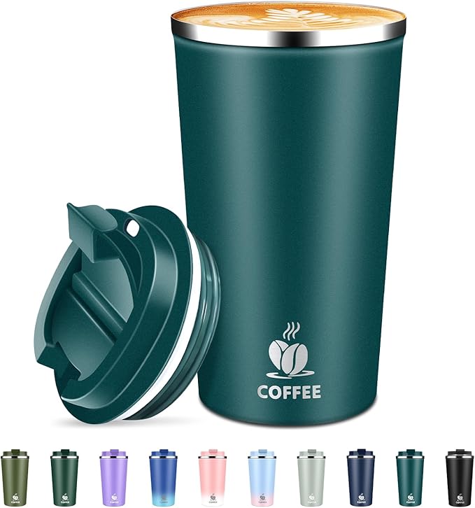 Insulated Travel Coffee Mug Reusable Coffee Tumbler Cup with Flip Lid Leak Proof Spill Proof for Office School Party Camping Hot and Cold Drink,Stainless Steel 17oz (Kingfisher Blue)