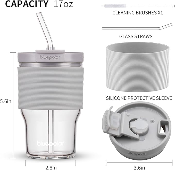 Glass Cups with Lids and Straws,16oz/480ml Reusable Iced Coffee Glasses & Juice Bottles,Cold Brew Tumblers with Leakproof Lids,BPA-Free Glass Jars for Juicing,Matcha,Tea,Smoothie (Grey with Sleeve)