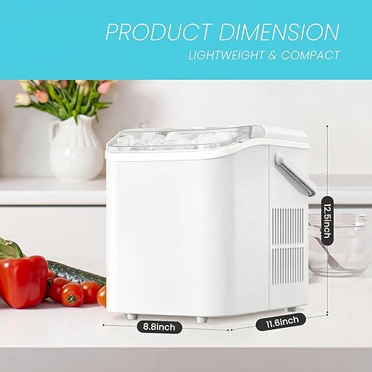 Ice Makers Countertop, Portable Ice Machine with Handle, 6 Mins 9 Bullet Ice Cubes with Basket and Scoop, 26lbs in 24Hrs, Auto-Cleaning, for Home, Kitchen, RV, Camping, White