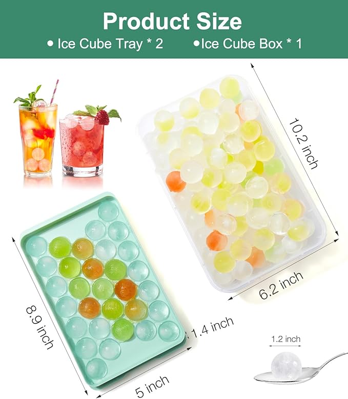 Round Ice Cube Trays with Lid and Bin (2-Pack) - Ice Trays for Freezer,BPA-Free Stackable Ice Ball Maker Mold for Freezer, Makes 62 Ice Balls for Cocktails, Whiskey, Coffee & Parties