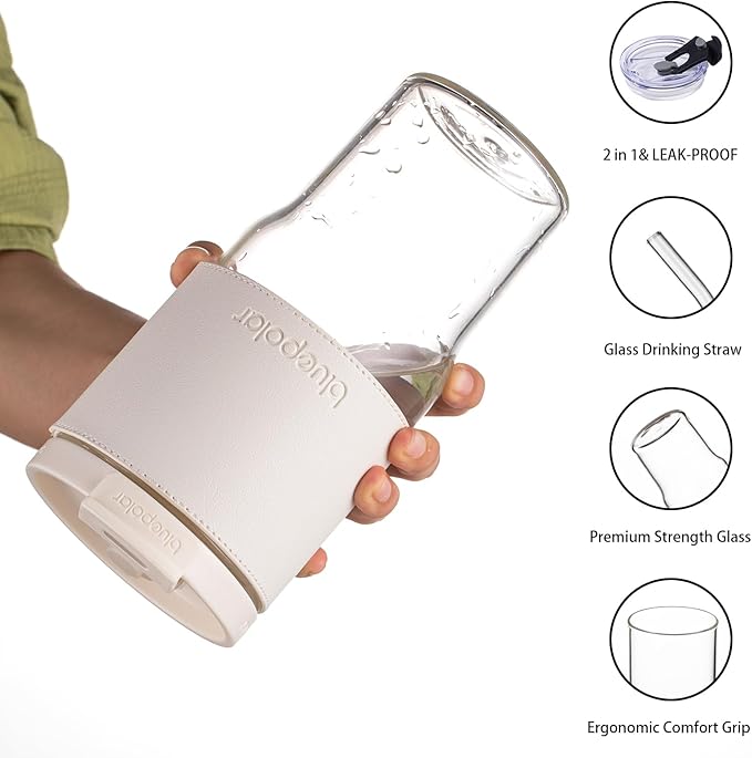 BLUEPOLAR 23oz/680ml Iced Coffee Tumbler, Glass Cups with Lids and Straws,Portable Reusable Cup for Smoothie, matcha,Large Clear Coffee Tumbler for Gym, Travel,car(white with Leather Sleeve)