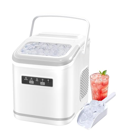 Countertop Ice Maker, Portable Ice Makers with Carry Handle, 26Lbs/24H, 2 Sizes of Ice Cubes, Small Ice Maker Machine Self-Cleaning with Basket and Scoop for Kitchen Home Bar, White