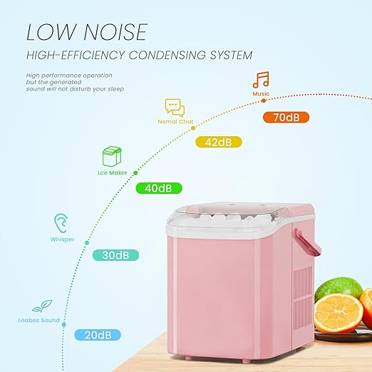 Ice Makers Countertop, Portable Ice Machine with Handle, 6 Mins 9 Bullet Ice Cubes with Basket and Scoop, 26lbs in 24Hrs, Auto-Cleaning, for Home, Kitchen, RV, Camping, Pink