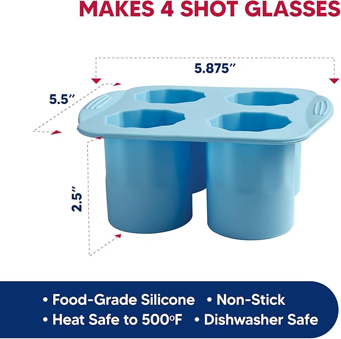 HIC Kitchen Big Shot Silicone Ice Tray, Non-Stick, Makes 4 Ice Shot Glasses