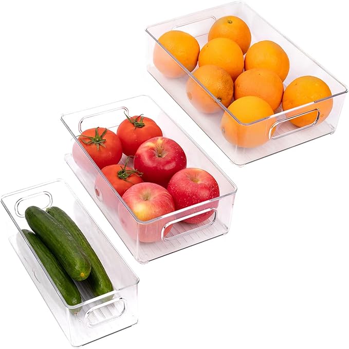 3 Pack Refrigerator Organizer Bins, 3 Sizes Stackable Clear Pantry Storage with Handles for Fridge, Freezer, Shelves, Drawer, Snack Organizer for Home & Kitchen