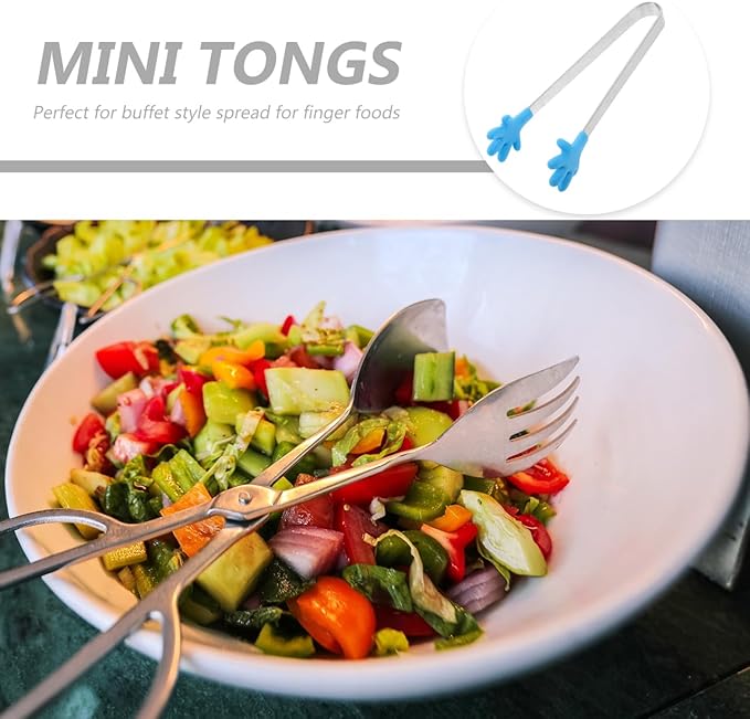 Angoily Premium Mini Tongs 4.84 Inch Stainless Steel Kitchen Gadgets Food Clips with Silicone Hand Shape Tips Dishwasher Safe for Ice Salad Bbq Serving in 5 Colors