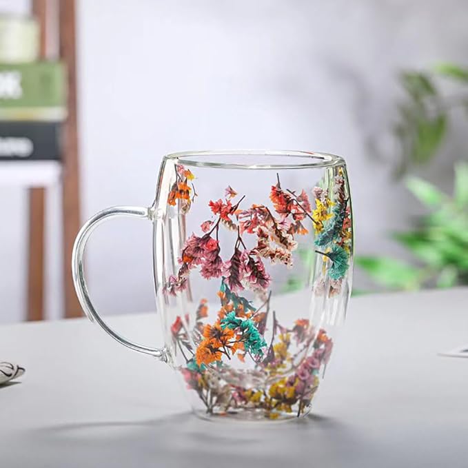 Myhiju Flower Double Wall Clear Glass Coffee Mugs Creative Clear Glass Cups with Handle Flowers Double Insulated Glass Cup for Hot Cold Beverages Cappuccino Latte, Espresso Juice Glass Coffee Cups