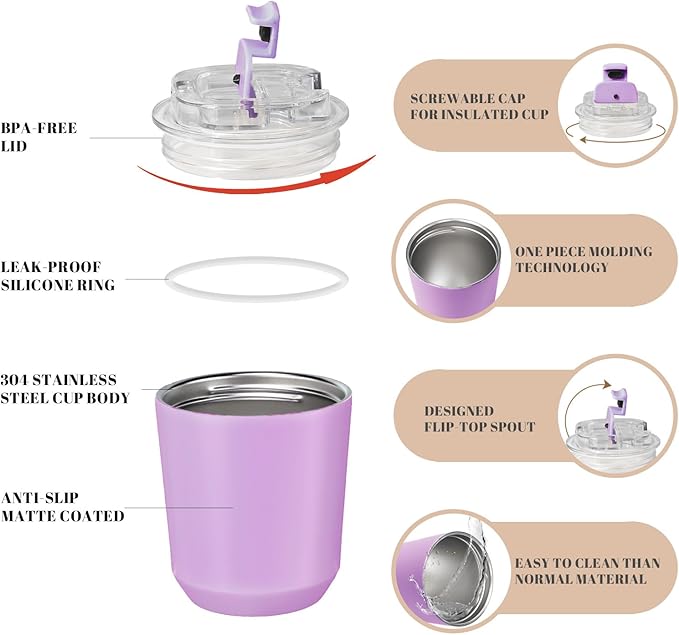 Puraville Insulated Tumblers with Lid, 10 oz Travel Coffee Mug Stainless Steel Vacuum Cup, Leak Proof Reusable Double Walled Coffee Tumbler for Iced and Hot Drinks, Lilac