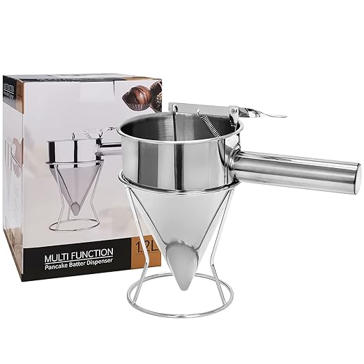 Stainless Steel Pancake Batter Dispenser, Funnel Dispenser with Stand, Kitchen Must Have Tool for Perfect Pancakes, Cupcake, Waffle, Muffin Mix, Cake & Crepe, Easy Pour Baking Supplies for Griddle