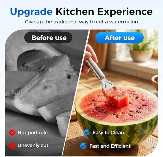 2 in 1 Stainless Steel Fruit Cutter, 2026 New Upgrade Dual Head Fruit Slicer and Fork, Hand Crank Watermelon Cutter for Pineapple Melon, Easy Clean Kitchen Gadget (1PCS)