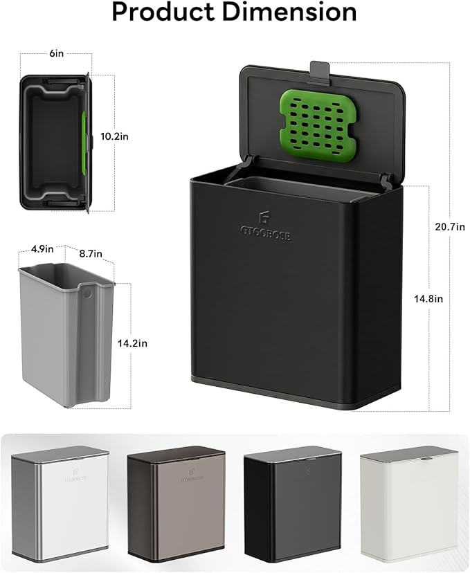 Kitchen Compost Bin, 10L/2.6G Trash Can with Lid, Slim Stainless Steel Hanging Garbage Bin for Kitchen, Bathroom, Bedroom, Office, Wall Mounted Compost Bin with Inner Bucket, Black