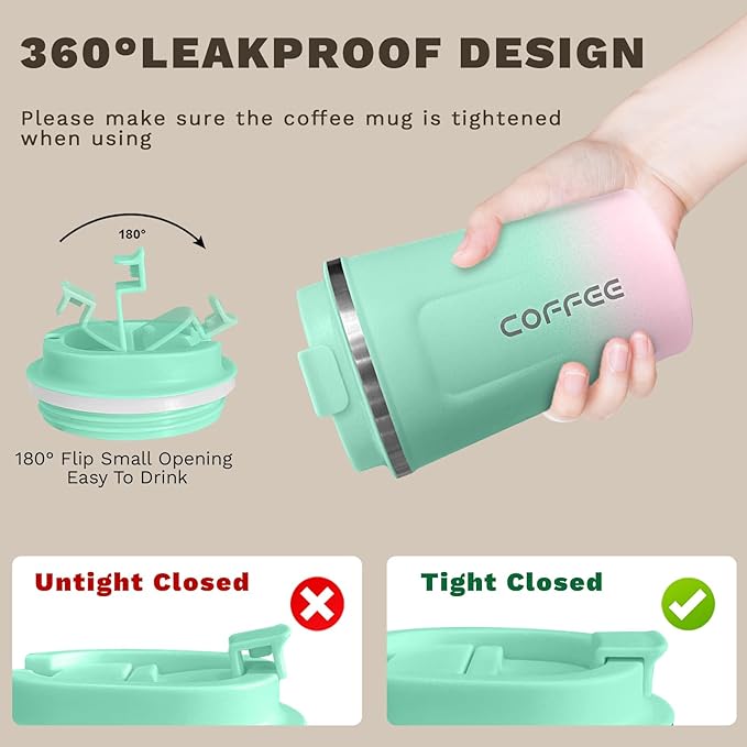 SPLMIFA Travel Coffee Mug Leak-Proof, Reusable Coffee Cups with Lids, Stainless Steel Vacuum Insulated Coffee Tumblers, Thermal Insulation Cup for Men and Women Hot & Cold Drinks(2nd-Green Pink, 12OZ)
