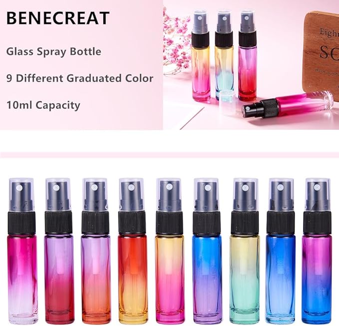 BENECREAT 9 Packs 10ml Rainbow Color Glass Spray Bottle, Refillable Fine Mist Spray Bottle for Perfume, Essential Oil, Travel Size Mini Spray Bottles