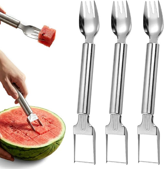 Watermelon Slicer, 2-in-1 Stainless Steel Fruit Cutter and fork,Summer Watermelon Cutter Slicer Tool, Portable Kitchen Gadget for Home Camping Picnics Parties (3)