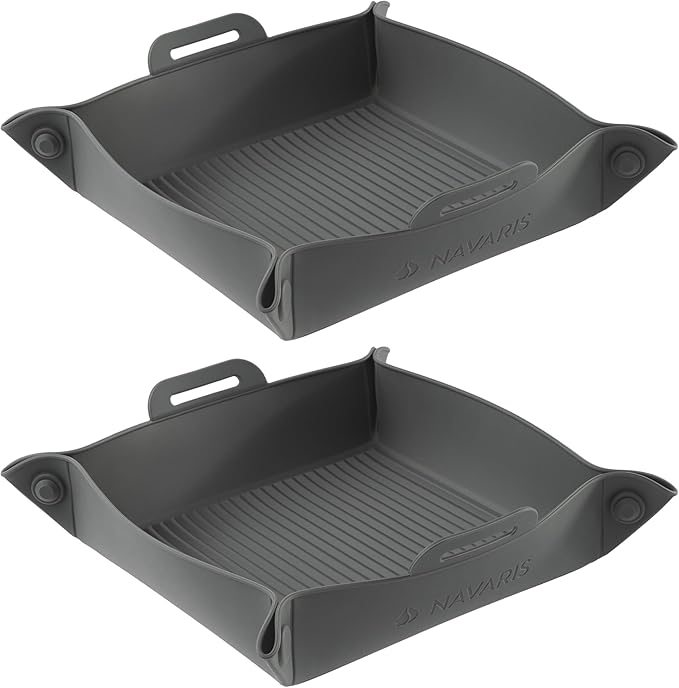 Navaris Silicone Air Fryer Liners (Set of 2) - Reusable Liner with Foldable Design 25cm x 28.2cm (9.8" x 11.1") - Basket Tray Mat - Dishwasher Safe - Grey