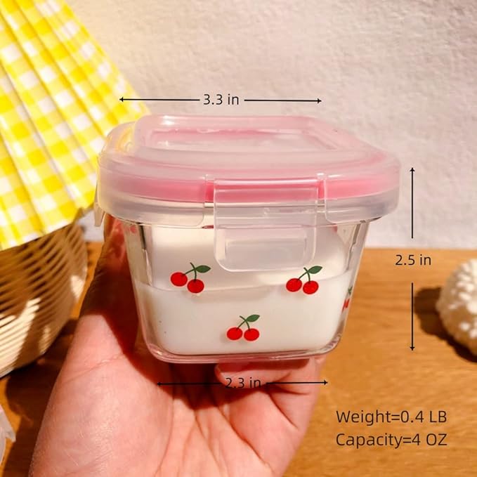 Ivymei 2 Pack Mini Glass Containers with lids,Small Cherry Food Storage Contaiers Glass Food Jars for Food Portion,Fruit,Dipping Sauce,Snack,Yogurt,Leakproof,Microwave Freezer Safe