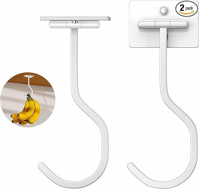 bussdis 2-Pack Under Cabinet Banana Hook - Foldable Magnetic Banana Hangers, Adhesive & Space-Saving, Folds Up When Not in Use, White, for Kitchen, RV, Home, Office