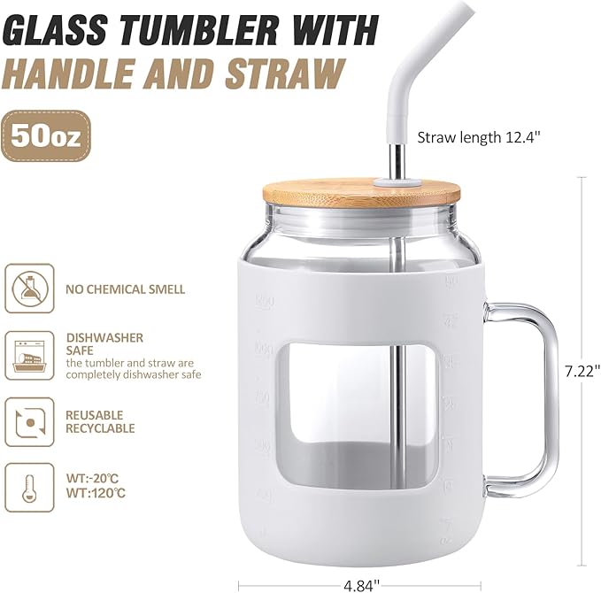 WINSA 50 oz Glass Water Bottles with Silicone Sleeve,Glass Tumbler with Lid and Straw,Iced Coffee Cup with Handle,BPA Free-White