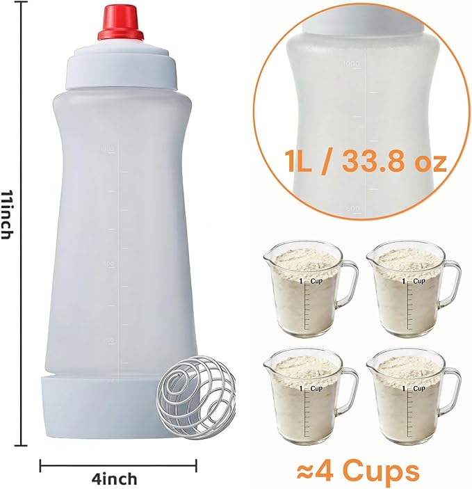 One Pack Pancake Batter Dispenser with BlenderBall and Wire Whisk, 33 Oz Silicone Squeeze Pancake Mix Dispenser, Kitchen Pancake Batter Dispenser Bottle for Waffle Cupcakes Muffins Crepes Qatayef