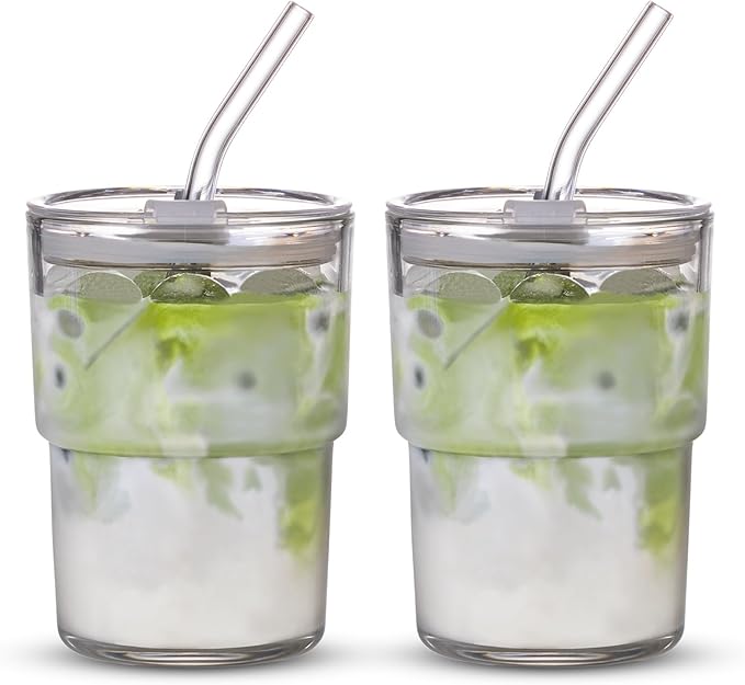 BLUEPOLAR 13oz/400ml Tumbler Water Glass, Cups with Straw and Lid Sealed Carry on for Coffee, Iced Tea, Thick Wall Insulated Glass Cup (white,2pack)