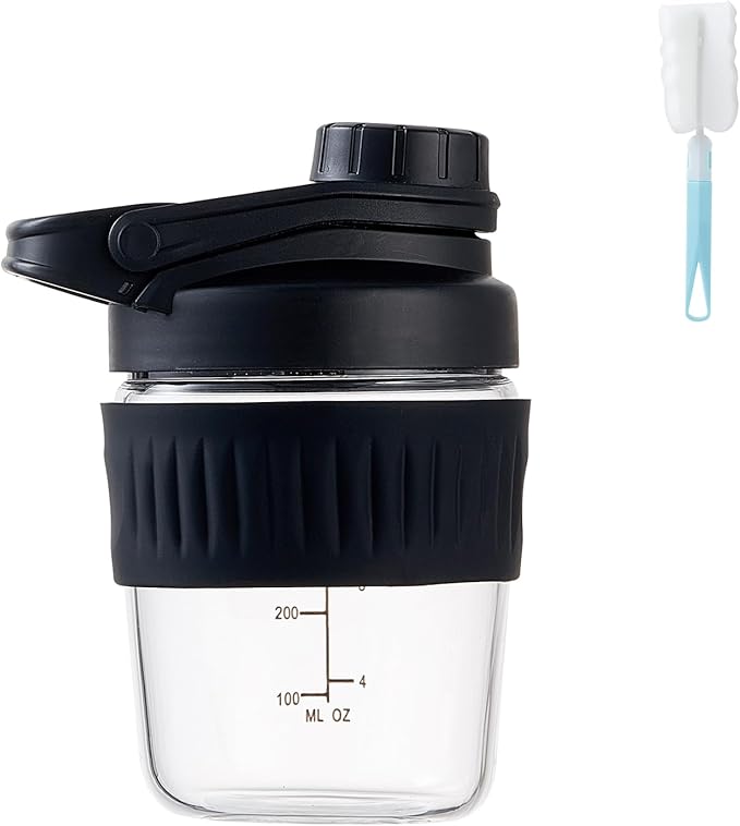 12oz Glass Shaker Bottle for Protein, Small Borosilicate Glass Protein Powder Leak-Proof Shaker Cup Mixes with 304 Blending Ball(12oz,Black)