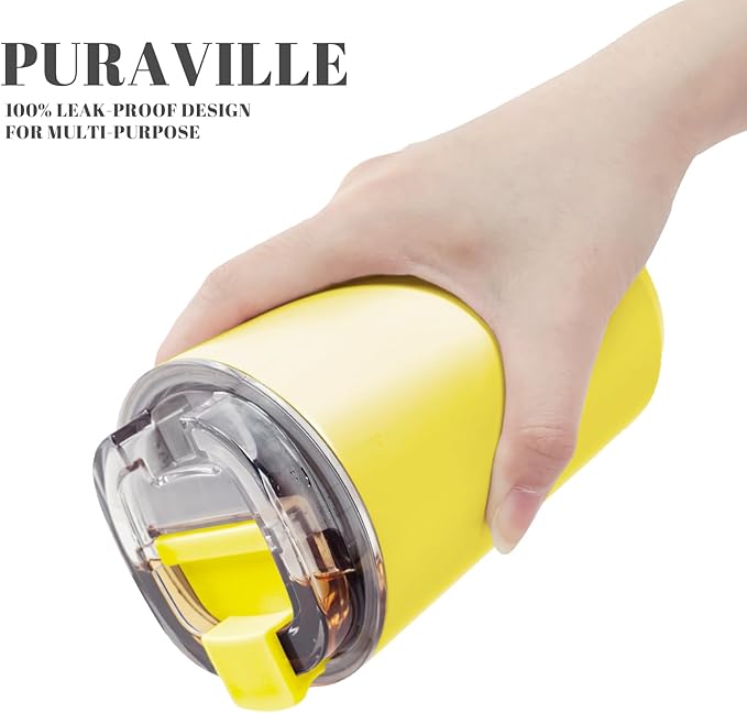 Puraville Insulated Tumblers with Lid, 14 oz Travel Coffee Mug Stainless Steel Vacuum Cup, Leak Proof Reusable Double Walled Coffee Tumbler for Iced and Hot Drinks, Yellow