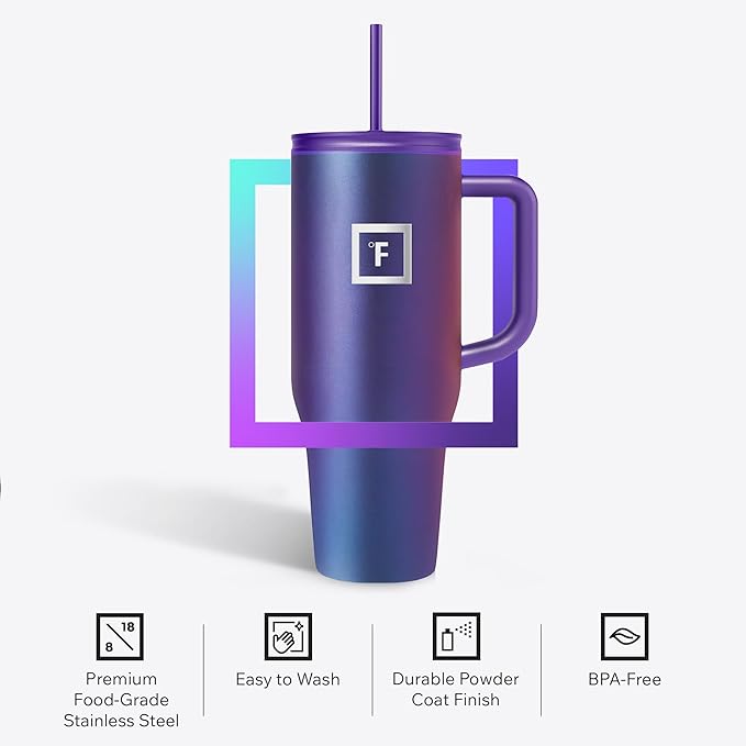 IRON °FLASK Co-Pilot Insulated Mug w/Straw & Flip Cap Lids - Cup Holder Bottle for Hot, Cold Drink - Leak-Proof - Water, Coffee Portable Travel Mug - Cashmere Cream, 40 Oz