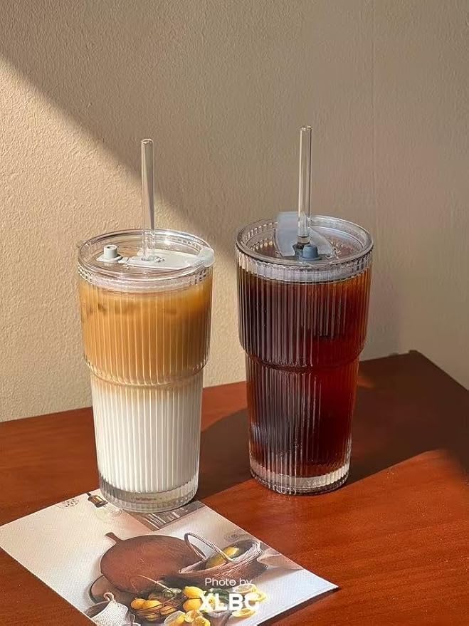 20oz Ribbed Glass Tumbler with Straw & Lid – 2 Pack Iced Coffee Cups,Glass Mug for Cold & Hot Beverages Travel Cup for Smoothies, Tea, and Juice