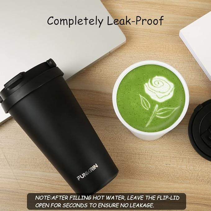 Funkrin Coffee Travel Mug with Flip Lid, 16oz Insulated Tumbler Cup with Ceramic Coating, Double Wall Vacuum Leak-Proof Tumbler for Office School Party Camping