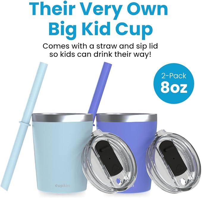 CUPKIN Baby Sippy Cups for Toddlers, The Original 8 oz Stackable Stainless Steel Baby Cup, Set of 2 Powder Coated Insulated Sippy Cup & BPA Free Lids + Reusable Silicone Straws (Aqua + Periwinkle)