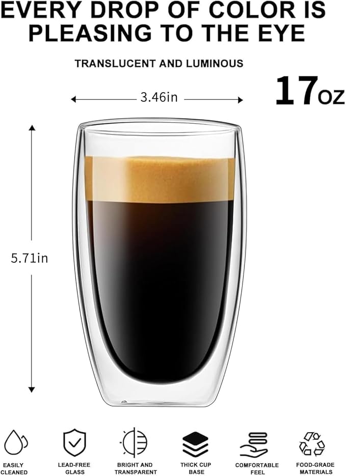 DOPUDO 17oz Double Wall Glass Coffee Mugs Set of 8, Insulated Coffee Mug, Clear Borosilicate Glass Coffee Cups for Cappuccino, Tea, Lightweight and Microwave Safe