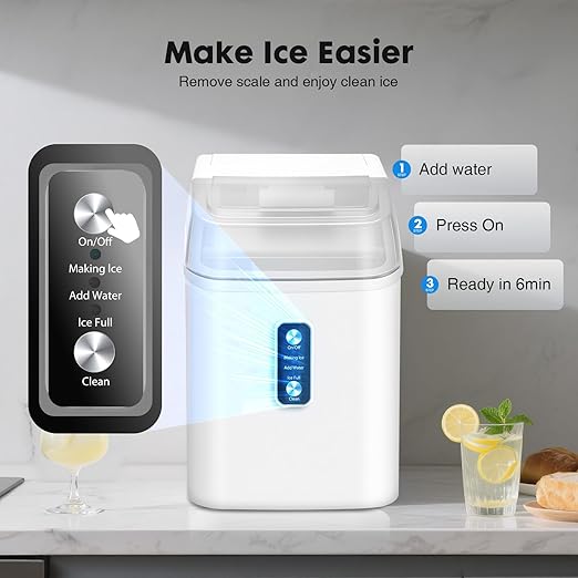 OLIXIS Nugget Ice Maker Countertop, Portable Ice Machine with 1.7L Water Tank, 26LBS/24H Fast Production, Auto-Cleaning & Quiet Operation, with Basket & Scoop, for Home Party Camping RV, White