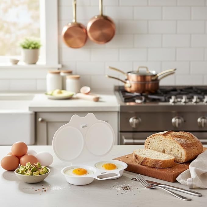 2Pcs 2-Cavity Nonstick Microwave Egg Poacher with Lid -White Plastic Egg Cooker for Perfect Poached Eggs